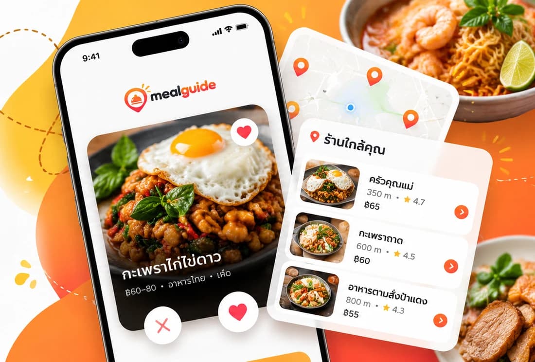 หน้าจอ mealguide: การ์ดเมนูกะเพราไก่ไข่ดาวให้ปัดเลือก และรายการร้านใกล้คุณพร้อมระยะทาง คะแนน และราคา